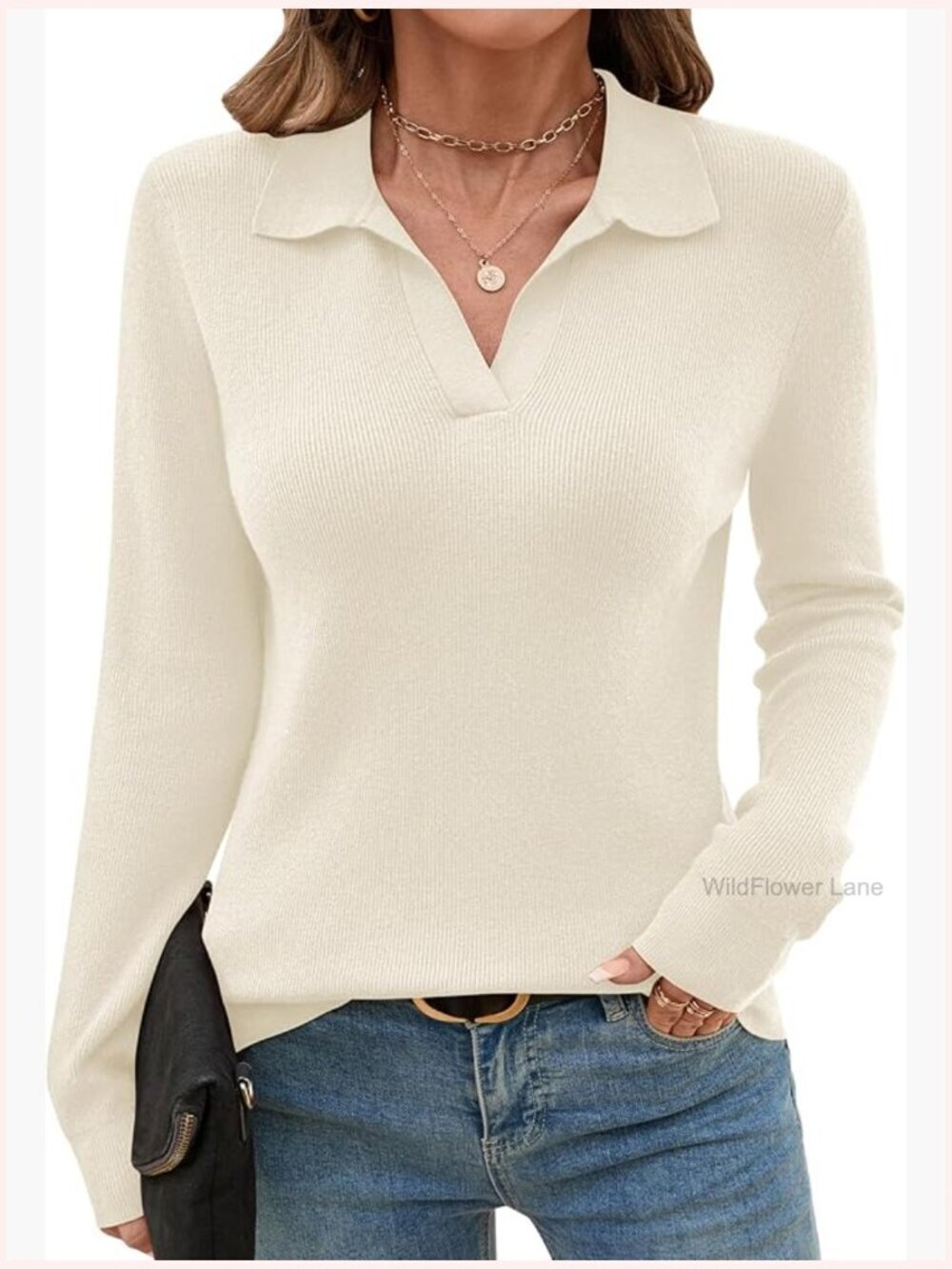 Knitted Collared V-Neck Polo Sweater Long Sleeve Winter Pullover Top